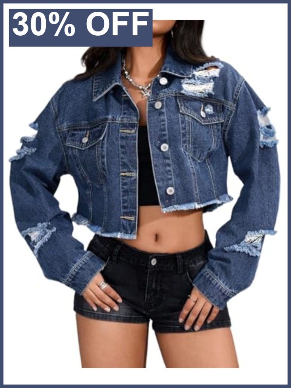 Cropped Denim Jacket Ripped Long Sleeve Button Down Casual